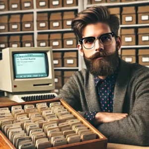 DALL·E-2024-08-27-13.51.25: "A modern hipster in his mid-30s with thick-rimmed glasses, a well-groomed beard, and a trendy outfit, sitting in front of the famous Zettelkasten, a large wooden box filled with small paper cards. The background remains simple and neat, but instead of a typewriter, there is an original 1984 Apple Macintosh on the desk behind him. The Zettelkasten is in focus in the foreground, and the room retains a scholarly but updated and modern look."